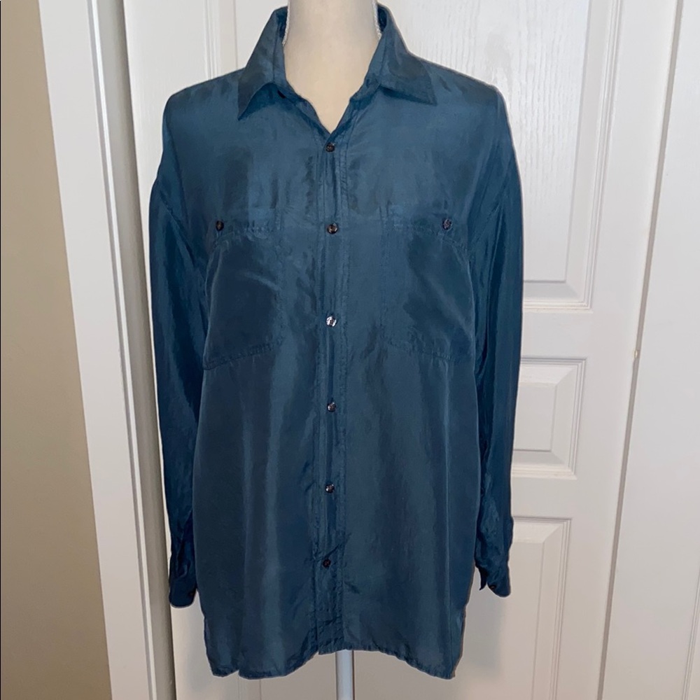 Vintage Silk 1980s 1990s Casual Dressy Button Down Button Front Washable Shirt